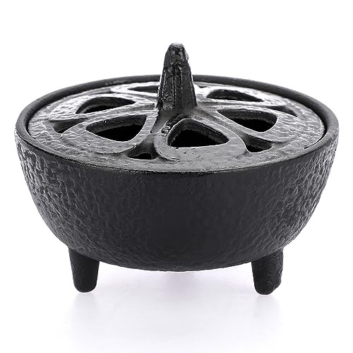 JUXYES Small Retro Cast Iron Cauldron Charcoal Incense Burner with Lid - size: Small