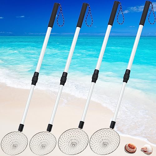 Roshtia 4 Pcs Beach Sand Sifter Set, Adjustable Long Handle Shell Scoop, Shark Tooth Sifter Mesh Shovel for Family Seashell Collecting, Sea Glass Hunting and Beach Treasure Fun - color: Gray, size: 30 Inch, style: Round