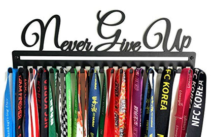 Metal Wall Mount Motivational Medal Hanger Display and Lanyard Ribbon Holder - Ribbon Display Rack with Easy Hanging Hooks & Simple Install, Gifts for Kids & Adults - style: Never Give Up