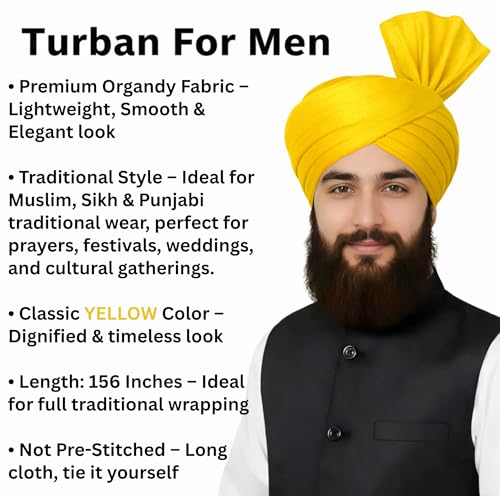Turban For Men (156 Inches) Long Cloth – Muslim, Sikh, Punjabi Headwrap | For Prayer, Festivals & Special Occasions - color: Yellow