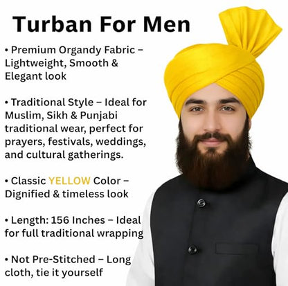 Turban For Men (156 Inches) Long Cloth – Muslim, Sikh, Punjabi Headwrap | For Prayer, Festivals & Special Occasions - color: Yellow