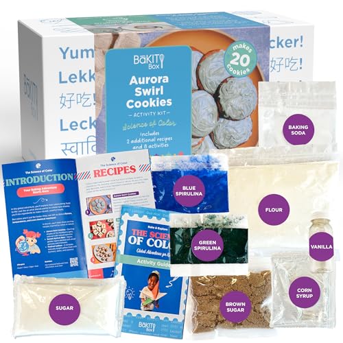 BāKIT Box Aurora Swirl Cookies Baking Kit for Kids, STEM Science of Color Educational Activity Kit, Learn Chromatography, Color Mixing, & More, Includes Organic Food Coloring with Spirulina, Ages 6–13 - color: Aurora Swirl Cookies
