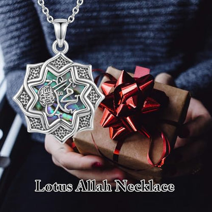 Lotus Allah Necklace 925 Sterling Silver Lotus/Allah Pendant Islamic Muslim Religious Jewelry Yoga Meditation Gifts for Women Men