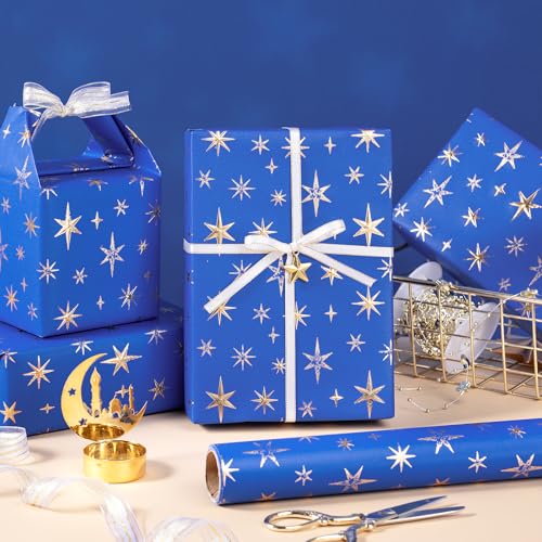 RUSPEPA Blue and Gold Eid Wrapping Paper Roll, Mini Roll, Royal Blue 3D Embossed Foil Star Design, Kraft Gift Wrap Paper for Ramadan, Wedding, Birthday, Baby Shower, Holiday, 17 Inches x 16.4 Feet - color: Blue Gold Foil Star, size: 17 in x 16.4 ft