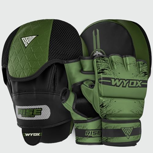 WYOX MMA Gloves & Boxing Focus Mitts Set – Hybrid Open Palm Grappling Gloves with Wrist Support + Curved Punching Pads with Gel Shock for Muay Thai, Kickboxing, Karate Training (Men & Women)