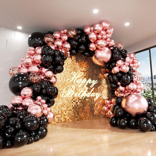 Rose Gold and Black Balloon Arch Kit, ADOINBY 140Pcs Metallic Rose Gold Black Balloon 18 12 10 5 Inch Different Size Balloons for Birthday Party Bridal Shower Wedding Engagement Anniversary Decoration - color: Black and Rose Gold