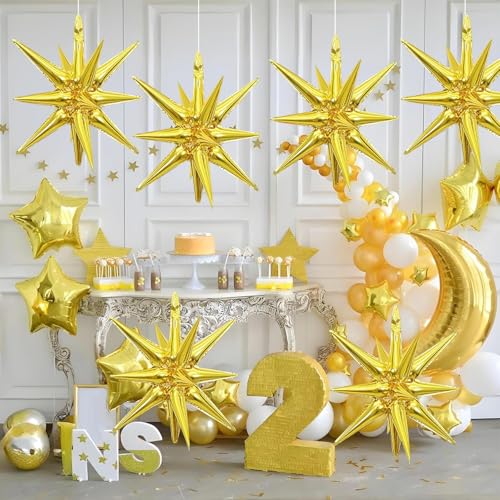 Gold Star Balloons, 6PCS 22 Inch Foil Explosion Star Balloons - color: Gold