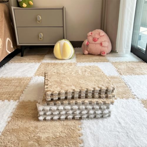 12pcs Carpet Squares Puzzle Floor Mat, Plush Interlocking Carpet Tiles, Anti Slip EVA Foam Jigsaw Floor Tiles, Build A Safe Area for Bedroom Playroom (Beige+White) - color: Beige+white