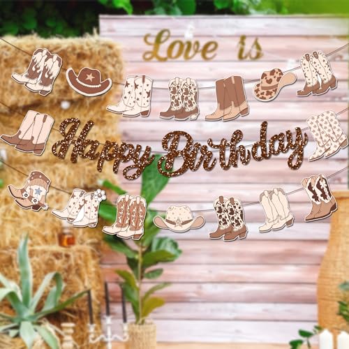 3Pcs Brown Western Cowboy Happy Birthday Banner Cherry Bow Boots Party Hanging Banner Cowboy Theme Birthday Bridal Wedding Baby Shower Boys Girls Kids Home Classroom Party Supplies Decoration - color: Brown