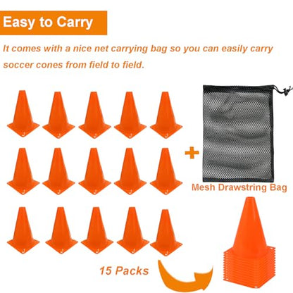 7 Inch Soccer Cones with Carry Bag,15 Pcs Sports Training Cones, Basketball Football Skating Drills Cones, Small Plastic Agility Marker Cone For Indoor and Outdoor Games,Orange Mini Traffic Cones