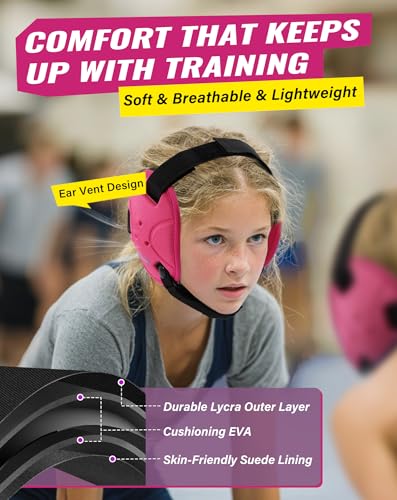 Trymaker Wrestling Headgear, Head Gear for Youth with Chin Cup & Pad | Head Under 21", Ages 4–9, Sorf Triple-Layer Ear Guard, 3-Point Adjustment System, MMA, Jiu-Jitsu, BJJ - color: Pink Headgear & Black Strap