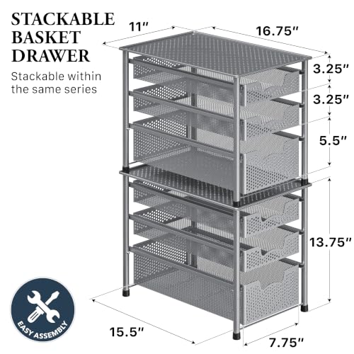 Simple Houseware Stackable 3 Tier Sliding Basket Organizer Drawer, Silver - color: Silver, size: 3-Tier
