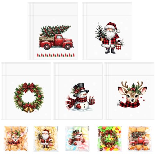 ZYLOP 200 Pcs Christmas Cellophane Treat Bags, 4x4 Inch Clear Self-Adhesive Christmas Candy Gift Goodie Bag for Cookie Cake Chocolate Packing Winter Holiday Christmas's Party Favors Supplies - color: Christmas 200pcs