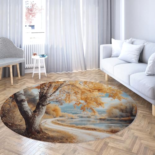 Autumn Landscape Round Area Rugs 3ft Golden Birch Tree River Path Painting Circular Rugs Foldable Low Pile Throw Mat Stain Resistant Thin Non Slip Washable Floor Carpet for Living Room Bedroom - color: Ydt02, size: 3ft (Round)