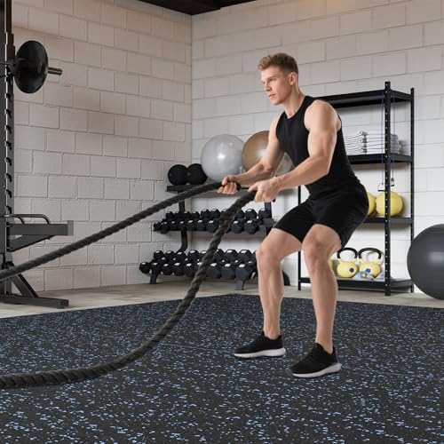 Giantex 24-Pack Interlocking Rubber Gym Floor Mats, 0.79'' Thick 24''x24'' Puzzle Tiles with Border Strips, 96 sq.ft Anti-Slip, Noise-Reducing Flooring for Home Workout Exercise (Black/Blue Speckled) - size: 0.79'' | 24 Tiles | 96 Sq Ft