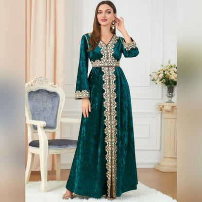 IDOPIP Muslim Women Velvet Dress Embroidery Abayas Long Sleeve V-Neck Moroccan Maxi Kaftan Dubai Robe Arabic Islamic Clothing - color: Dark Green, size: XX-Large