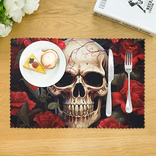 Placemats Set of 4 Heat Resistant Skull Rose-Red Place mat for Dining Table Non-Slip Table Mats Desktop Protection Pad Washable Place Mats for Kitchen Dining Outdoor - color: Skull Rose-red