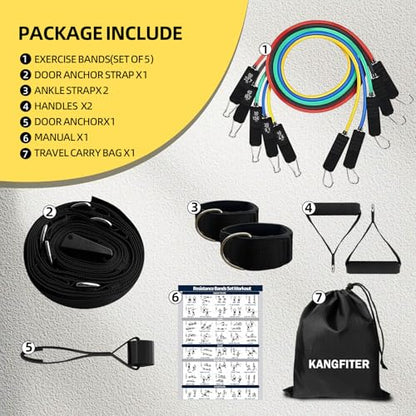 KANGFITER Door Anchor Strap & Resistance Bands for Working Out with Handles | Natural latex, 10-50 lbs, stackable to 150, Ankle Straps, Non-Slip Multi Point Attachment for Home Gym Fitness
