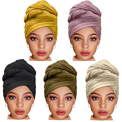 ZRQ 5 Pieces Stretch Turban Headwraps African Women's Hijab Muslim Soft Breathable Hair Scarf Tie Apply for Locs Braid Headband Fashion Women Hijab (Black,Army Green,Leather Powder,Turmeric,Beige) - color: Black,Army Green,Leather Powder,Turmeric,Beige