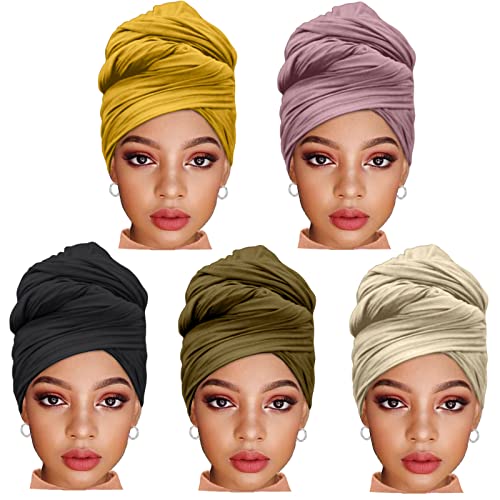 ZRQ 5 Pieces Stretch Turban Headwraps African Women's Hijab Muslim Soft Breathable Hair Scarf Tie Apply for Locs Braid Headband Fashion Women Hijab (Black,Army Green,Leather Powder,Turmeric,Beige) - color: Black,Army Green,Leather Powder,Turmeric,Beige