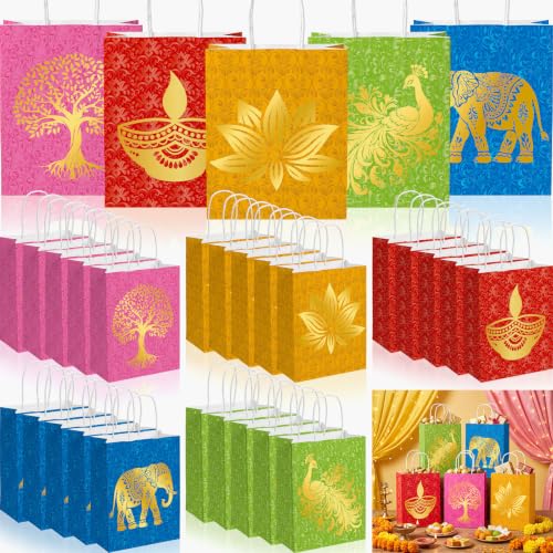 Tinlade 25 Pcs Indian Return Gift Bags Diwali Pooja Gift Bags with Gold Foil Elephant Peacock Lotus Diya Patterns Paper Treat Bag for Indian Diwali Party Favors Deepavali Wedding
