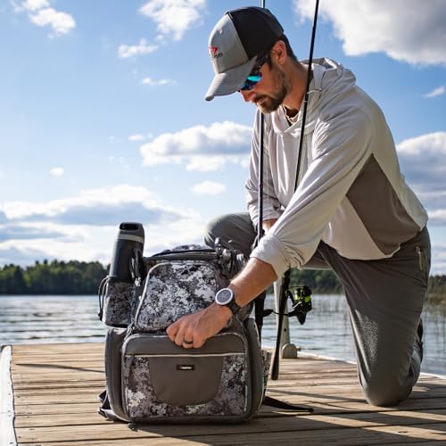 Piscifun Fishing Tackle Backpack with 2 Rod Holders, 4 Boxes & Rain Cover | Multi-pocket storage, fits 3600/3700 trays, bottle holder, padded straps for bank fishing - color: VEIL Camouflage