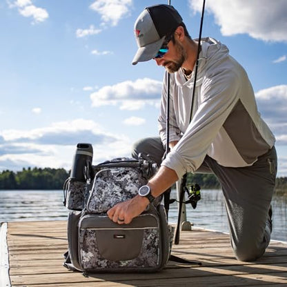 Piscifun Fishing Tackle Backpack with 2 Rod Holders, 4 Boxes & Rain Cover | Multi-pocket storage, fits 3600/3700 trays, bottle holder, padded straps for bank fishing - color: VEIL Camouflage