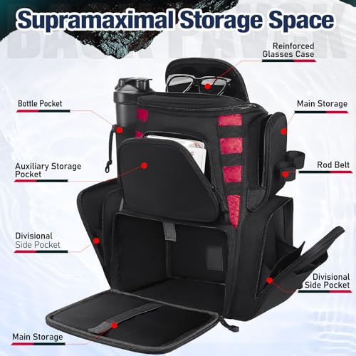 Piscifun Fishing Tackle Backpack with 2 Rod Holders, 4 Boxes & Rain Cover | Multi-pocket storage, fits 3600/3700 trays, bottle holder, padded straps for bank fishing - color: Black