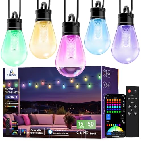 APPECK RGBW Outdoor String Lights 50ft, Smart Patio Light with 15 LED Bulbs - size: 50FT