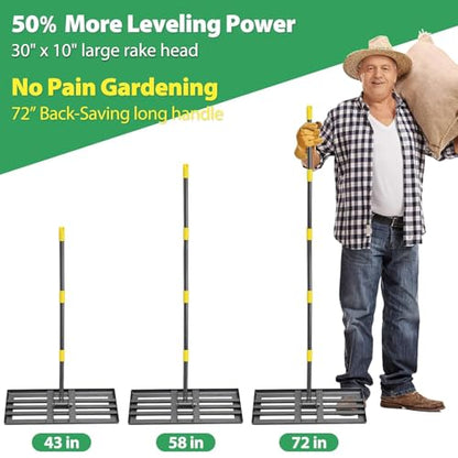 Lawn Leveling Rake, 6 FT Ground Lawn Leveler with 30 x 10 Wide Large Rakes Head for Smooth Garss Soil Dirt Sand, High Effect Yard Leveling Tool with Round Edge forGarden Golf Course, No Flip - style: 6 FT