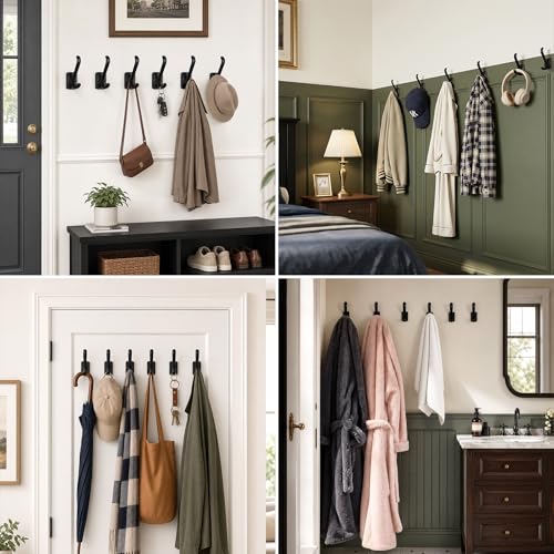 Coat Hooks Wall Mount Heavy Duty - Metal Towel Hooks With Concealed Screw Design Matte Black Wall Hooks for Hanging Towel, Key, Robe, Scarf, Garage Entryway Closet Mudroom Bathroom (8, Black)