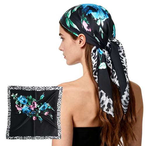 27" Head Scarf Like Satin Silk for Women,Hair Scarves Bandana,Headband Silk Feeling for Hair Wrap - color: Flower Leopard Print