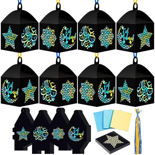 Maitys 16 Sets Eid Mubarak Lantern Craft Kit, Ramadan DIY Islamic Paper Lanterns with Transparent Tissue Paper Strings, Star and Moon Patterns Decor for Mosque Home Eid Party Decoration - style: Ramadan