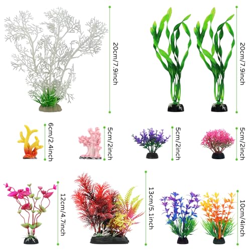 QUOZUO Aquarium Decorations Plants with Resin Coral, 12 pcs Fish Tank Accessories, Fish Tank Decorations Small Plants Plastic, Aquarium Decor Artificial Plant