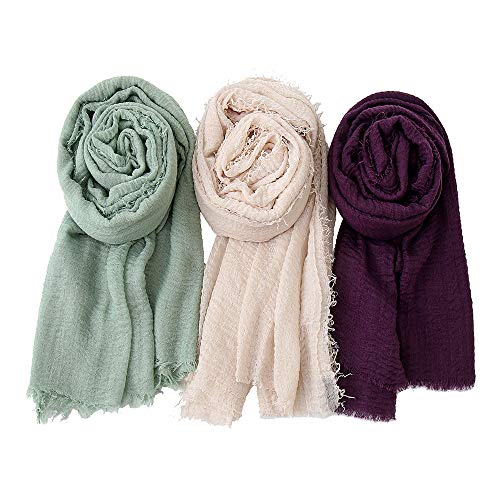 EVQ Soft Cotton Hemp Scarf Wrap Long Hijab Scarves for Women - color: Dark Purple+light Green+milky White