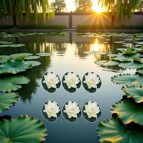 6Pcs White Artificial Floating Foam Lotus Flowers with Water Lily Pad Ornaments, Perfect for Patio Koi Pond Pool Aquarium Home Garden Wedding Party Holiday Decoration Water Gardens and Ponds