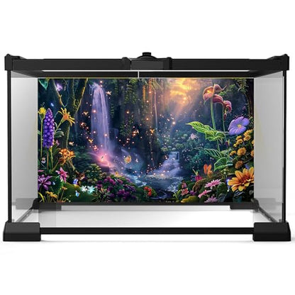 Fantasy Garden Aquarium Background Waterfall Tropical Forest Fish Tank Background Lush Moss Rainforest Flowers Reptile Tank Backgrounds Fantasy Sunray Butterfly Reptile Enclosure Backgrounds 30x18in