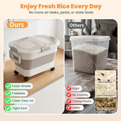 30 Lbs Rice Storage Container with Wheels, Collapsible Airtight Food Storage Container with Transparent Lid, Measuring Cup, Scoop, Handle, BPA Free Rice Holder for Pet Food, Grain, and Bird Seed - color: Grey/23-30lbs