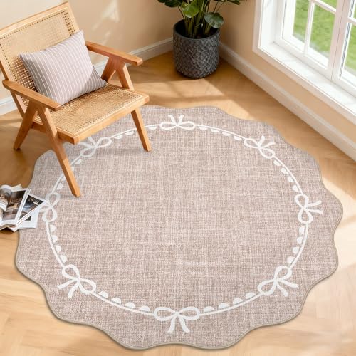GarveeHome 4ft Round Rugs Washable Scalloped Bow Rug for Bedroom, Camel - color: Camel, size: 4' (Round)