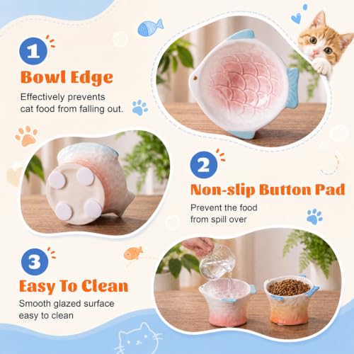 Tioncy 2 Pcs Raised Tilted Ceramic Cat Food Bowl Fish Shape Cute Elevated Slanted Shallow Angled Cat Dish Non Slip Feeder Bowl for Anti-Vomiting and Fatigue (Pink,Orange) - color: Pink,Orange