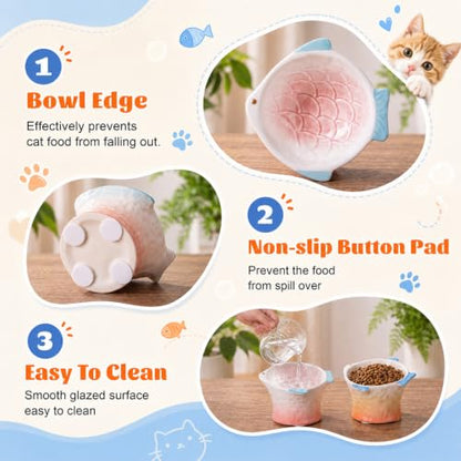 Tioncy 2 Pcs Raised Tilted Ceramic Cat Food Bowl Fish Shape Cute Elevated Slanted Shallow Angled Cat Dish Non Slip Feeder Bowl for Anti-Vomiting and Fatigue (Pink,Orange) - color: Pink,Orange