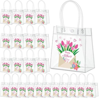 Aliceset 24 Pcs Happy Mother's Day Clear Gift Bags Transparent Plastic Tote Bags with Handles Reusable PVC Goodie Handbags for Mom Women Appreciation Gifts Spring Party Favors, 6.31"x 5.91"x 3.15" - style: Happy Mother's Day