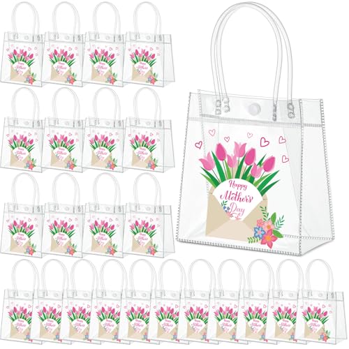 Aliceset 24 Pcs Happy Mother's Day Clear Gift Bags Transparent Plastic Tote Bags with Handles Reusable PVC Goodie Handbags for Mom Women Appreciation Gifts Spring Party Favors, 6.31"x 5.91"x 3.15" - style: Happy Mother's Day
