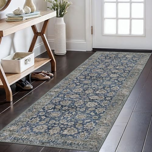 KOZYFLY Vintage Runners for Hallways 2x6 Blue Washable Runner Rug - color: Blue, size: 2' x 6' (Runner)