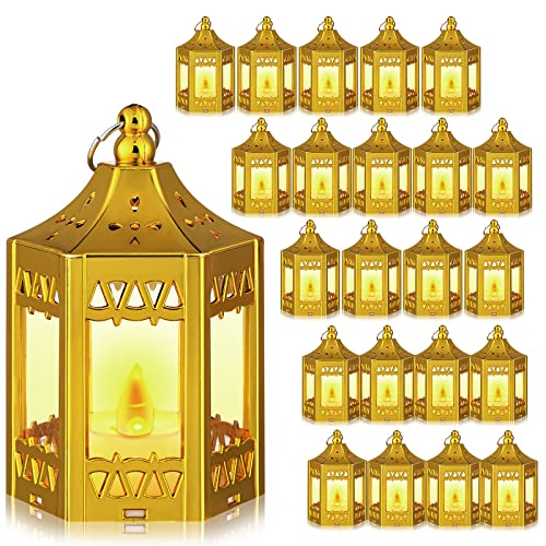 Hortsun 20 Pcs Mini Vintage Lantern Decorative Wedding Table Centerpiece LED Candles Lamp Battery Powered Hanging Tealight Lantern for Home Indoor Outdoor Party Decor(Shiny Gold) - color: Shiny Gold