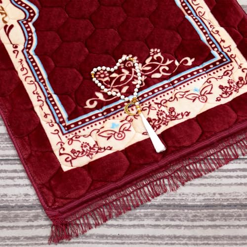 Muslim Prayer Rug with Tasbih Prayer Beads, Soft Large Prayer Matt Islam, Padded Islamic Prayer Mat Thick for Men and Women, Janamaz, Sajadah (31.5" x 47.2", Red) - color: Red