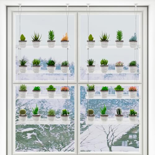 OtNiap Clear Hanging Window Plant Shelves, 2-Pack 4-Tier, 16-Inch Stand | Adjustable Indoor wall plant holder for herbs, microgreens and potted plants. Maximizes window space while displaying plants - size: 2 Pack-4 Tier