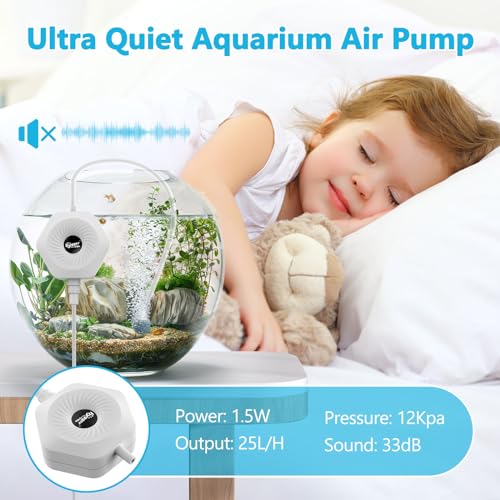 hygger Ultra Silent 1.5W Fish Bowl Aqaurium Mini Air Pump with Accessories, Oxygen Aerator Kit for Fish Tank 0.5-15 Gallon, Comes with 3/16 Inch Air Tubing, Air Stone, AC 110V/60HZ