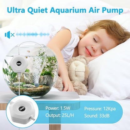 hygger Ultra Silent 1.5W Fish Bowl Aqaurium Mini Air Pump with Accessories, Oxygen Aerator Kit for Fish Tank 0.5-15 Gallon, Comes with 3/16 Inch Air Tubing, Air Stone, AC 110V/60HZ