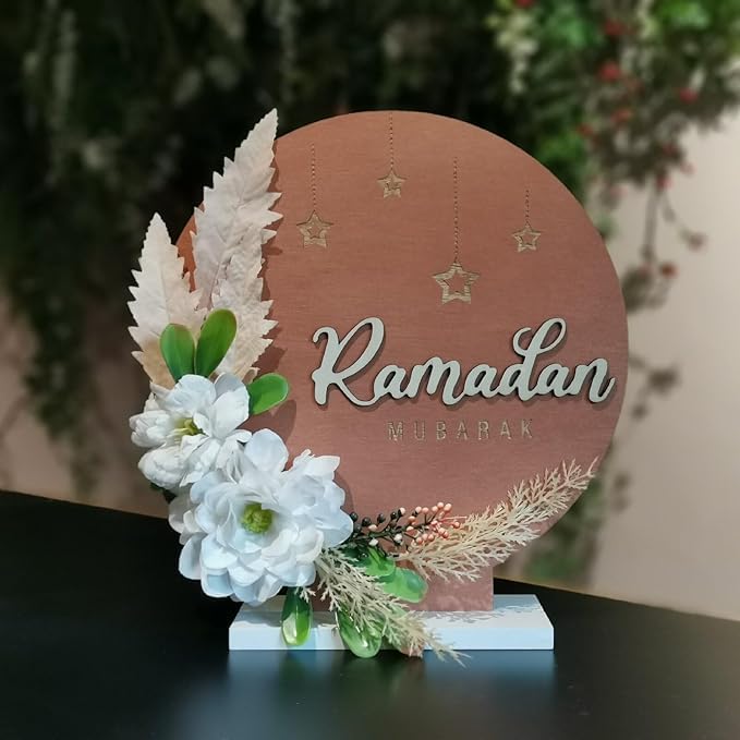Ramadan Mubarak Artificial Flower Decorations, 12.2in Round Shape Wreaths Desktop Decor, Eid Al-fitr Mubarak Table Ornaments for Muslim Home Desk Fireplace Party Supplies